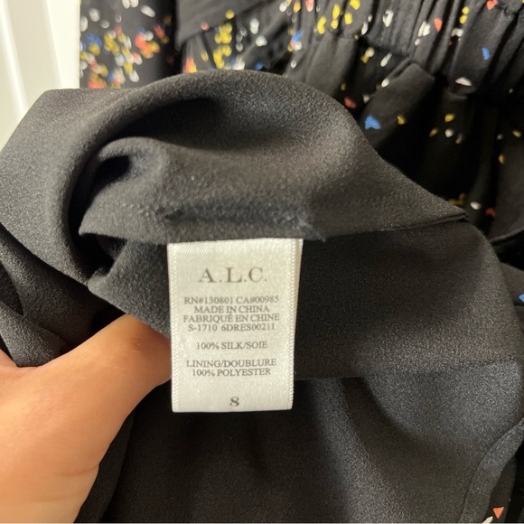 A.L.C Samantha Midi Black Dress with Multicolor Speckles, long Sleeve, 100% silk - Picture 6 of 14